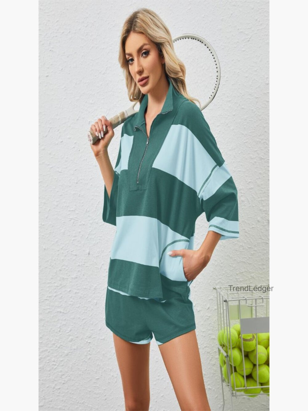 Oversized Striped Lounge Set with Elastic Shorts and Half Zip Tee - Picture 7 of 7